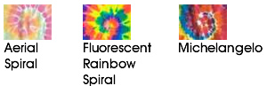 Tie Dye designs: Aerial Spiral (pastels), Fluorescent Rainbow Spiral, Michelangelo